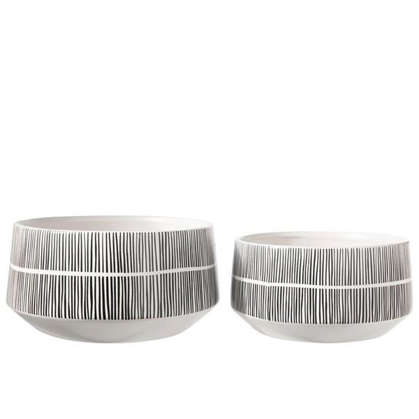 Urban Trends Collection Urban Trends Collection 36309 Ceramic Low Round Pot with Optical Illusion Pattern Design Body & Tapered Bottom; Matte White & Black - Set of 2 36309